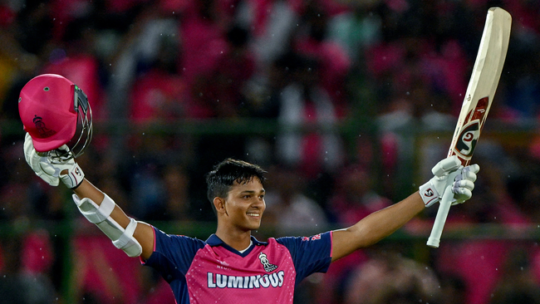 The Rajasthan Royals Yashasvi Jaiswal celebrates after scoring a century against the Mumbai Indians in the Indian Premier League Picture Arun Sankar AFP